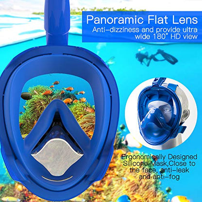 Avoalre Full Face Snorkel Mask Advanced Safety Breathing System Portable 180° Panoramic View Snorkeling Mask with Camera Mount,Safe Breathing,Anti-Leak&Anti-Fog Snorkel Mask for Adult S/M (Blue)
