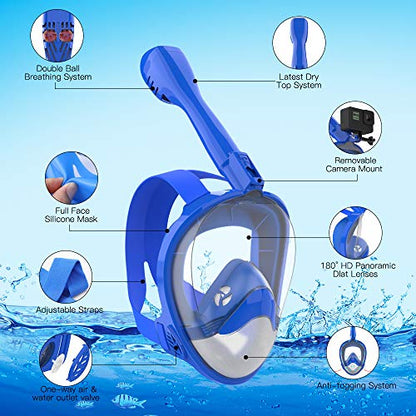 Avoalre Full Face Snorkel Mask Advanced Safety Breathing System Portable 180° Panoramic View Snorkeling Mask with Camera Mount,Safe Breathing,Anti-Leak&Anti-Fog Snorkel Mask for Adult S/M (Blue)