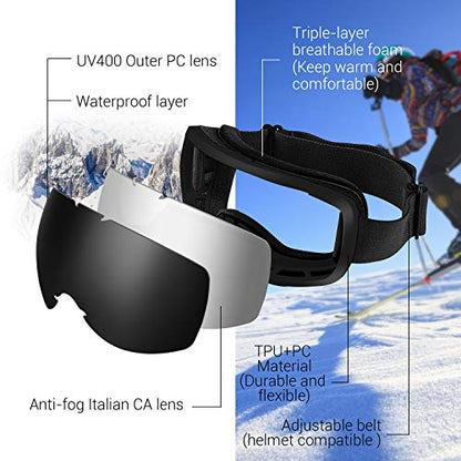 Avoalre Snow Ski Goggles for Men Women Youth, Anti Fog UV400 Snowboard Goggles with Dual Layers Lens, Helmet Compatible Goggles for Winter Outdoor Sport Snowboarding Skating Jet Skiing Snowmobling
